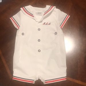 Boy nautical blue, red, and white romper 6m
